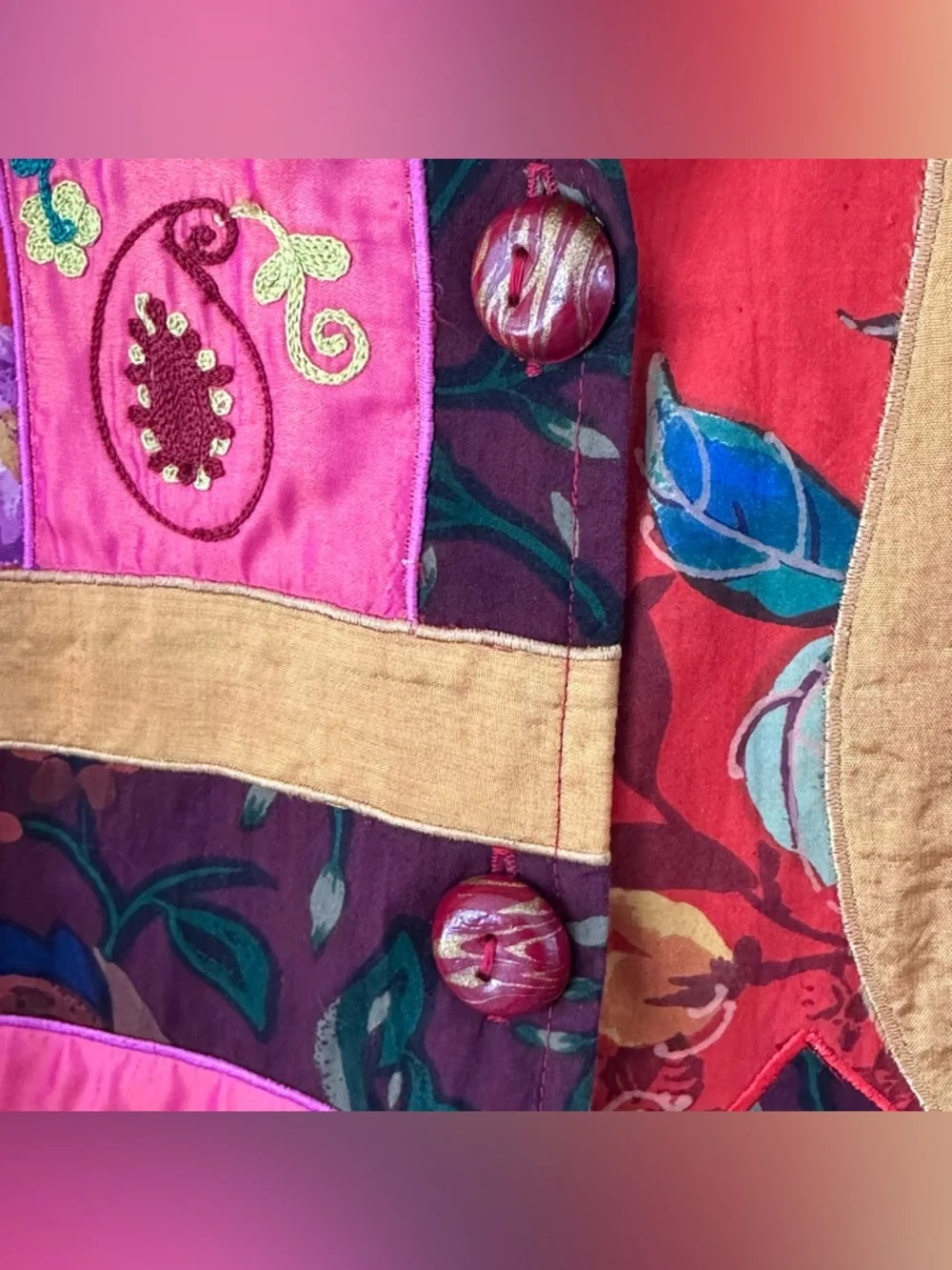 Vintage 90s Embroidered Patchwork Jacket Sz L Multicolor Art-to-Wear Maximalist